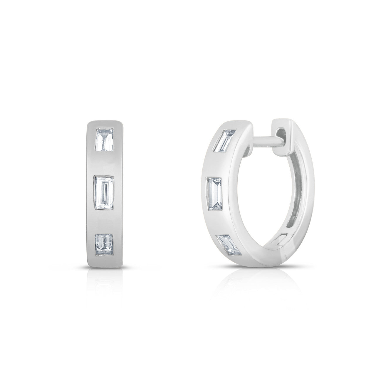 Inlay Baguette Diamond Huggies, 14k white gold - URBAETIS Fine Jewelry