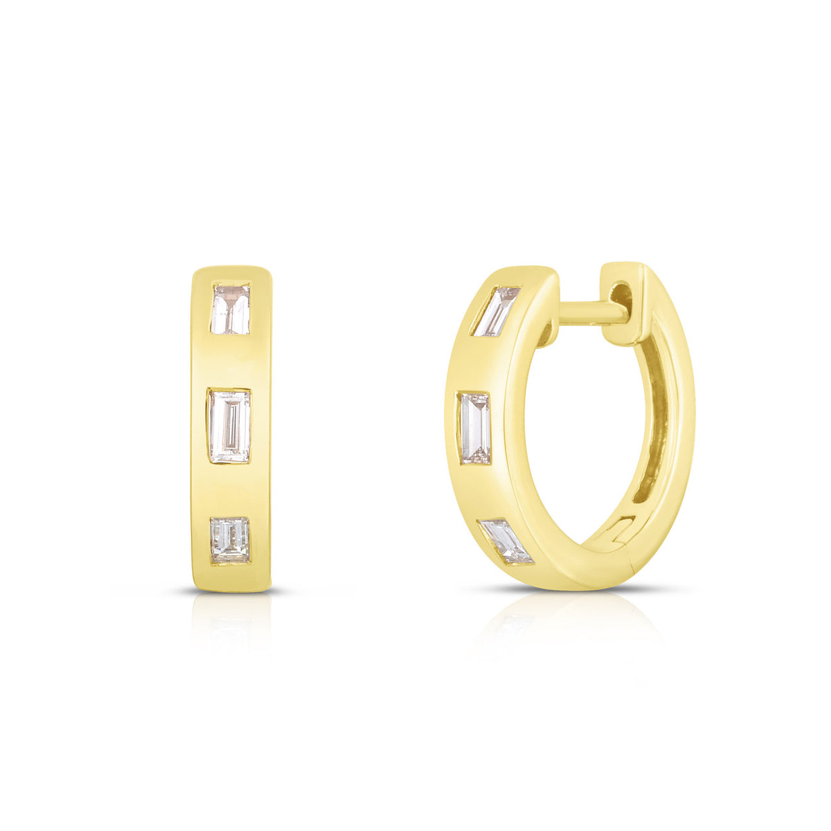 Inlay Baguette Diamond Huggies, 14k yellow gold - URBAETIS Fine Jewelry