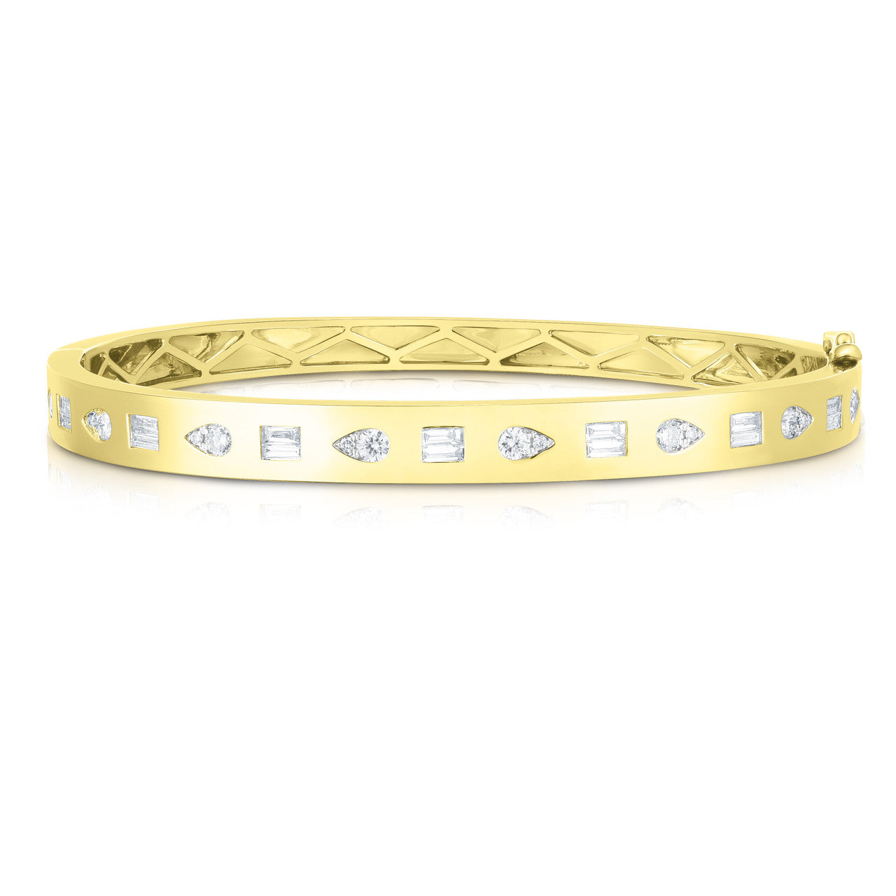 Inlay Baguette and Pear Diamond Geometric Bangle, 14K Yellow Gold- URBAETIS Fine Jewelry