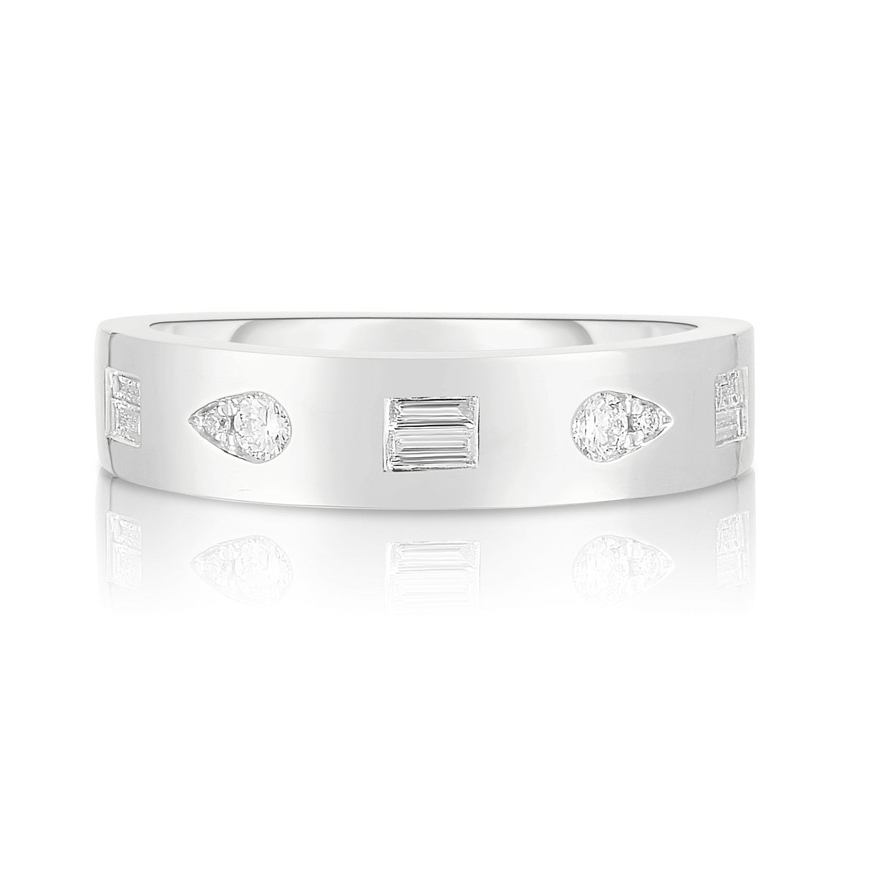 Inlay Baguette and Pear Diamond Geometric Ring, 14k white gold - URBAETIS Fine Jewelry