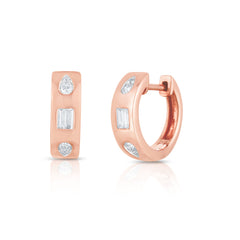 Baguette and Pear Diamond Geometric Inlay Huggies, 14K Rose Gold- URBAETIS Fine Jewelry
