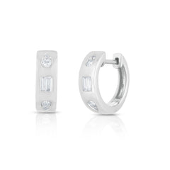 Baguette and Pear Diamond Geometric Inlay Huggies, 14K White Gold- URBAETIS Fine Jewelry