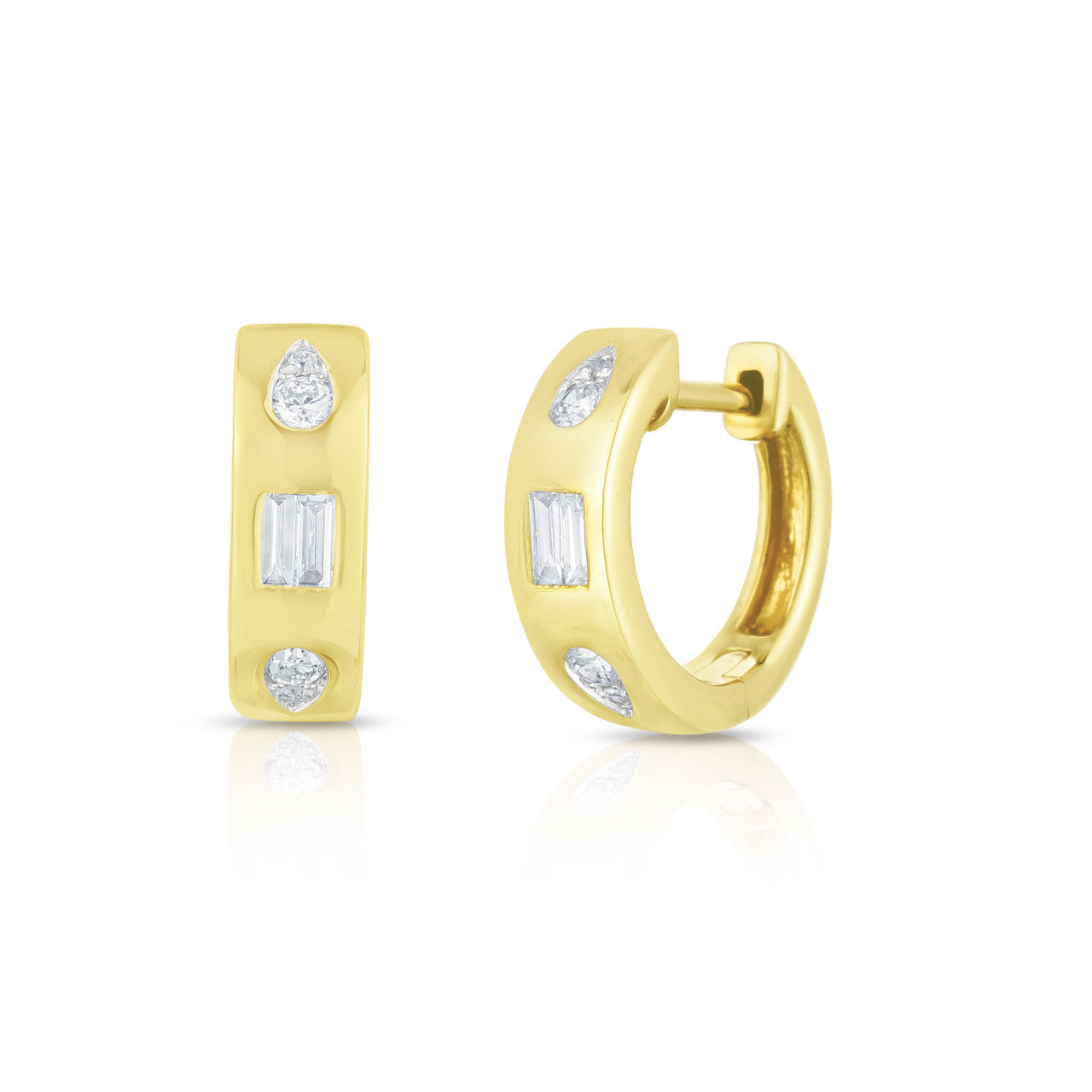 Baguette and Pear Diamond Geometric Inlay Huggies, 14K Yellow Gold- URBAETIS Fine Jewelry