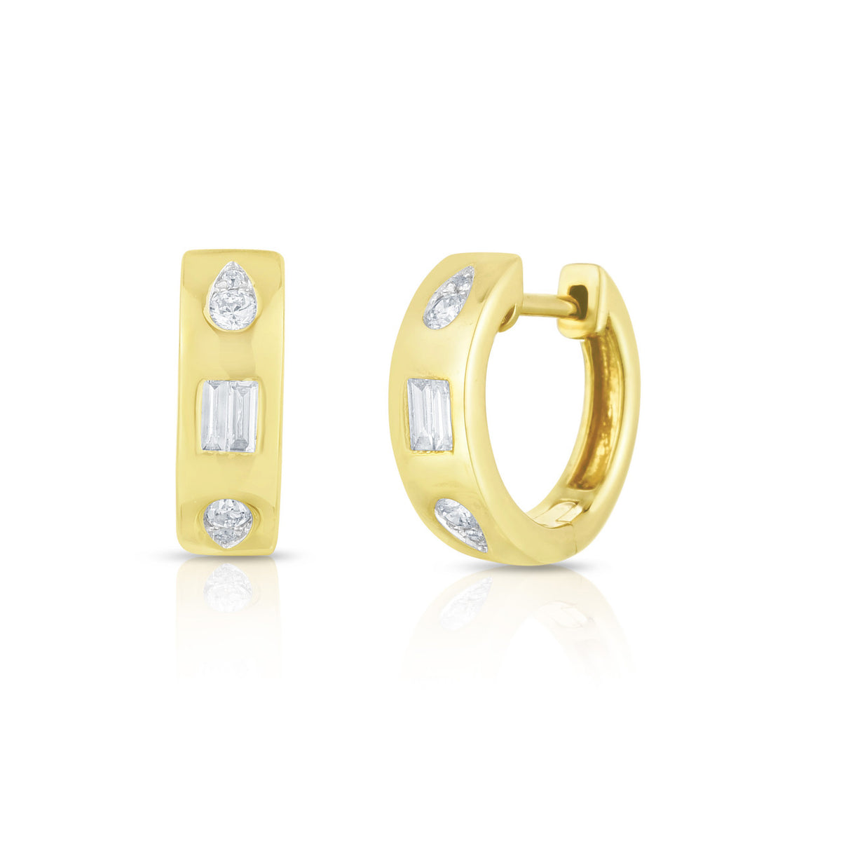 Baguette and Pear Diamond Geometric Inlay Huggies, 14K Yellow Gold- URBAETIS Fine Jewelry