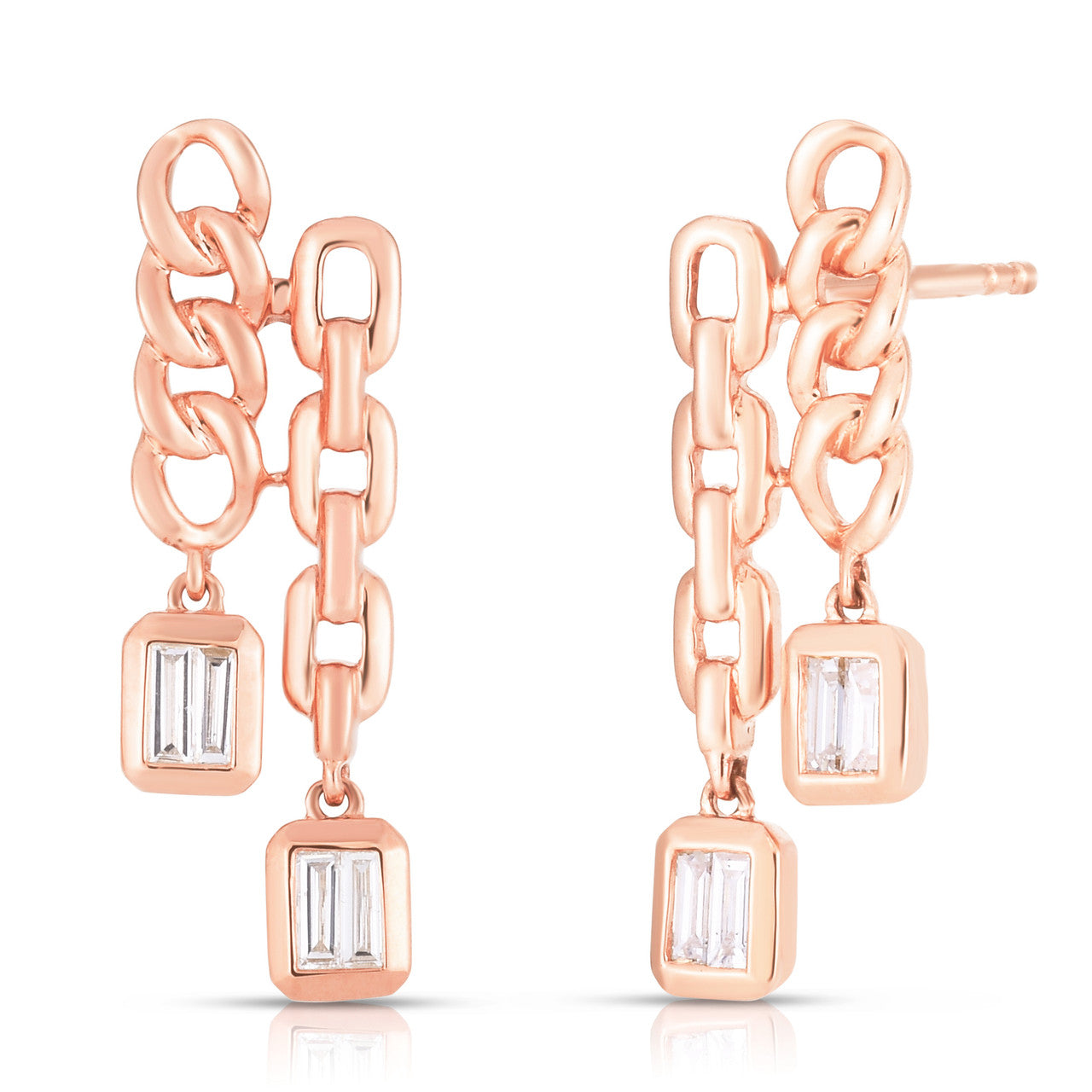 Double Chain Drop Earrings with Baguette Diamonds, 14K Rose Gold - URBAETIS Fine Jewelry