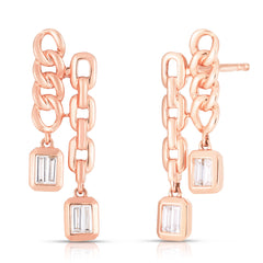 Double Chain Drop Earrings with Baguette Diamonds, 14K Rose Gold - URBAETIS Fine Jewelry