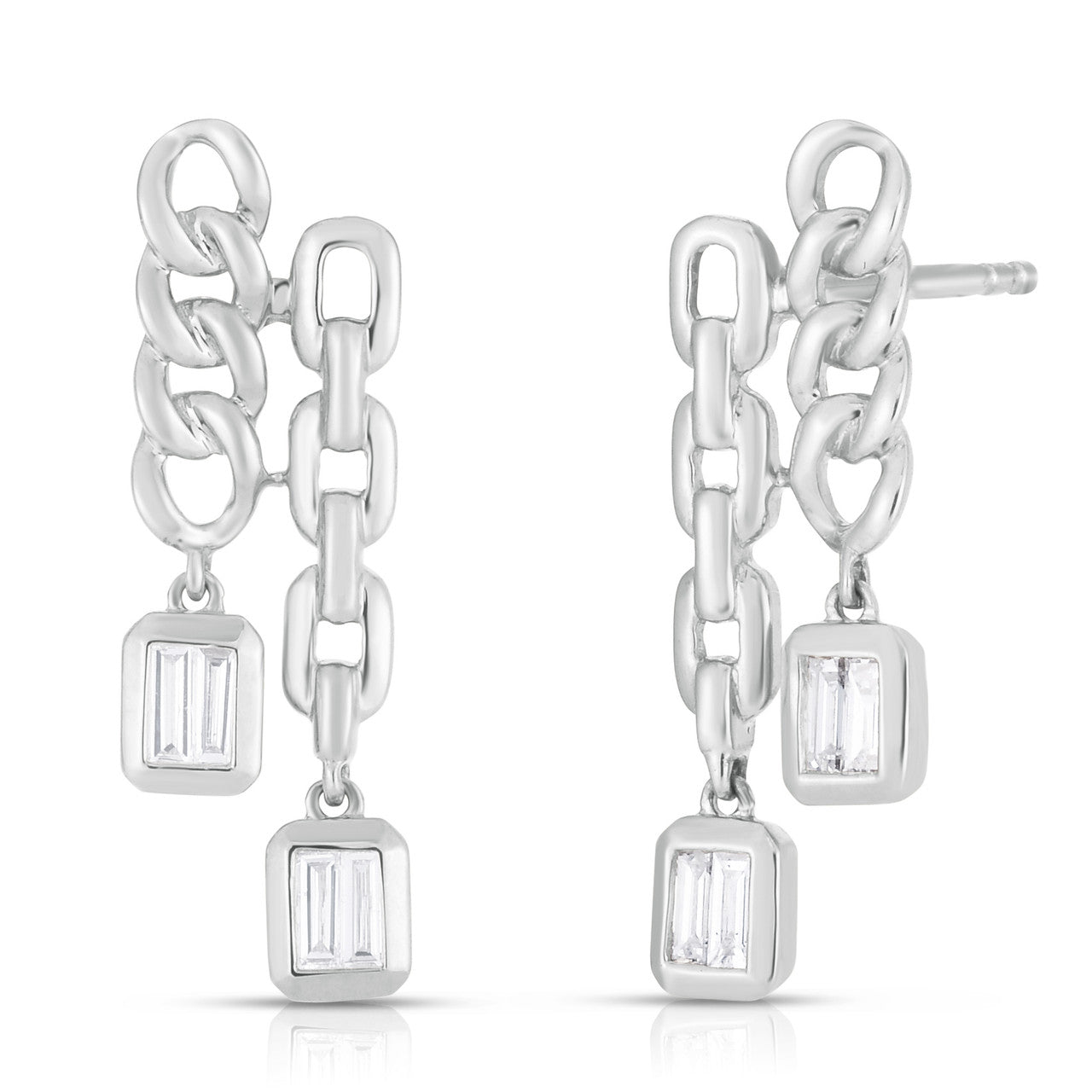 Double Chain Drop Earrings with Baguette Diamonds, 14K White Gold - URBAETIS Fine Jewelry