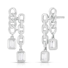 Double Chain Drop Earrings with Baguette Diamonds, 14K White Gold - URBAETIS Fine Jewelry