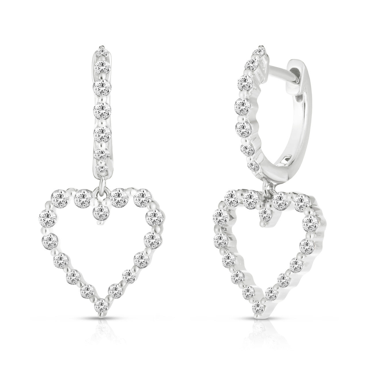 Graduated Diamond Single Prong Heart Earrings, 14K White Gold- URBAETIS Fine Jewelry
