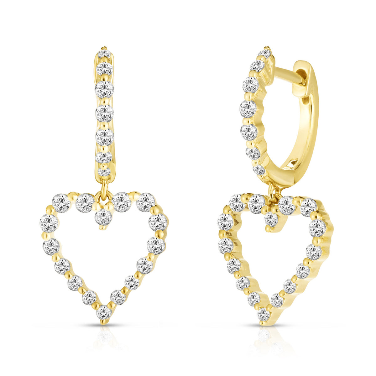 Graduated Diamond Single Prong Heart Earrings, 14K Yellow Gold- URBAETIS Fine Jewelry