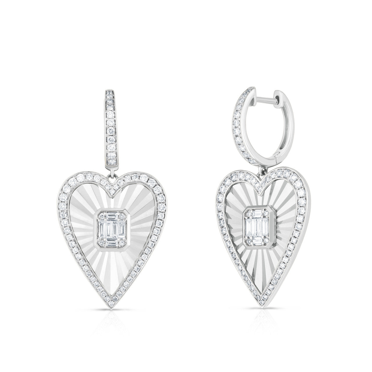 Fluted Emerald Illusion Heart Earrings, 14K White Gold- URBAETIS Fine Jewelry