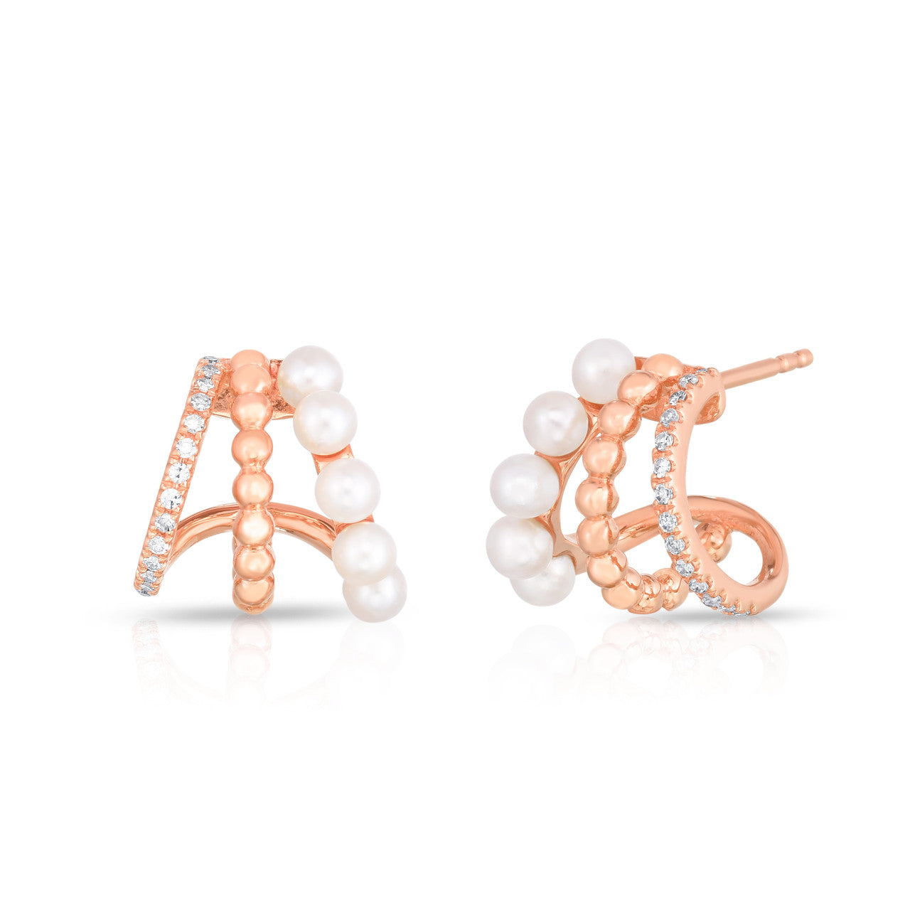 Pearl and Pave Diamond Triple Gold Huggies, 14K Rose Gold- URBAETIS Fine Jewelry