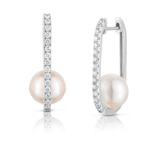 Pearl and Diamond U Hoops, 14K White Gold- URBAETIS Fine Jewelry