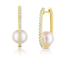 Pearl and Diamond U Hoops, 14K Yellow Gold- URBAETIS Fine Jewelry