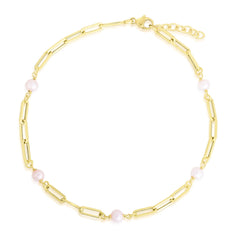 Pearl Long Link Station Necklace, 14k Yellow gold - URBAETIS Fine Jewelry