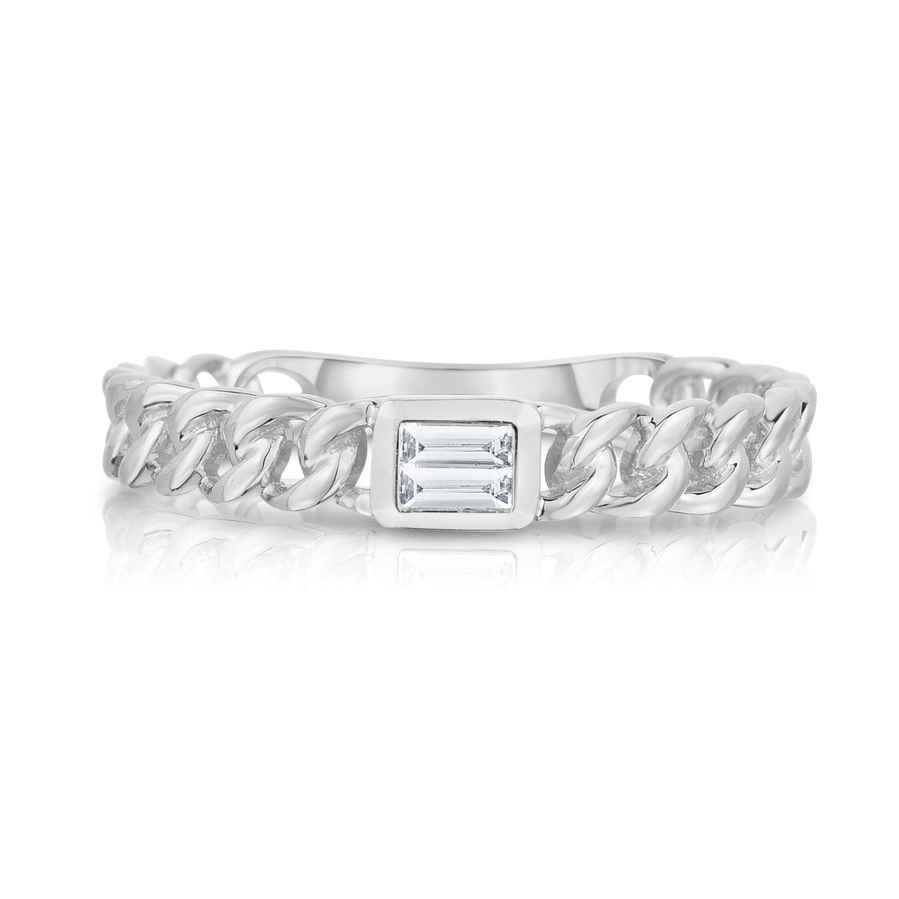 Bezel Set Baguette Diamond Curb Link Ring, 14K White Gold- URBAETIS Fine Jewelry