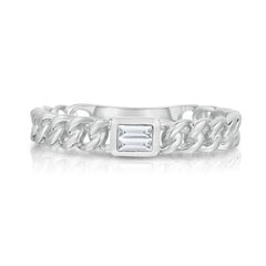 Bezel Set Baguette Diamond Curb Link Ring, 14K White Gold- URBAETIS Fine Jewelry