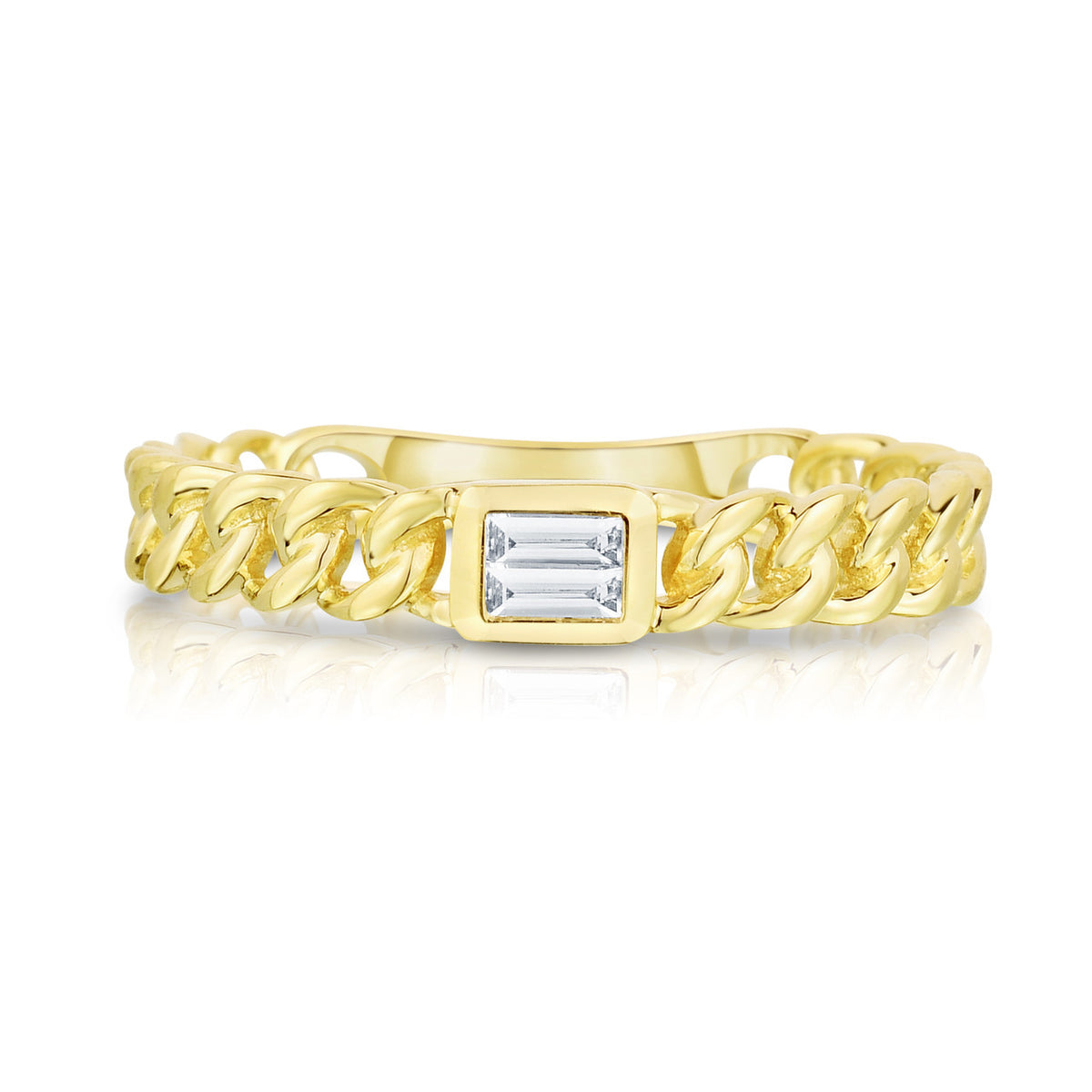 Bezel Set Baguette Diamond Curb Link Ring, 14K Yellow Gold- URBAETIS Fine Jewelry