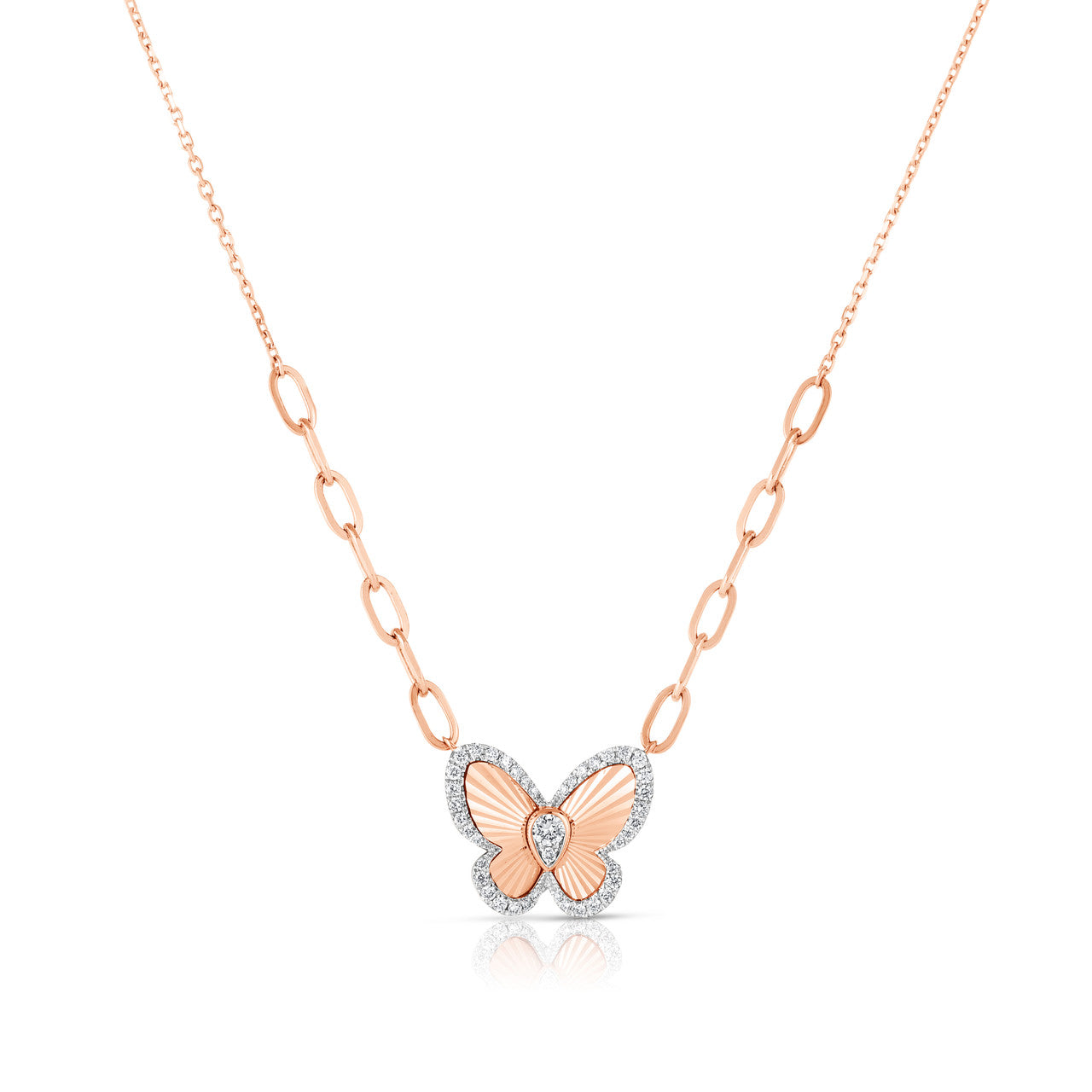 Fluted  Pear Illusion Diamond Butterfly Necklace, 14K Rose Gold- URBAETIS Fine Jewelry