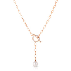 Pearl and Diamond Long Link Lariat, 14K Rose Gold- URBAETIS Fine Jewelry
