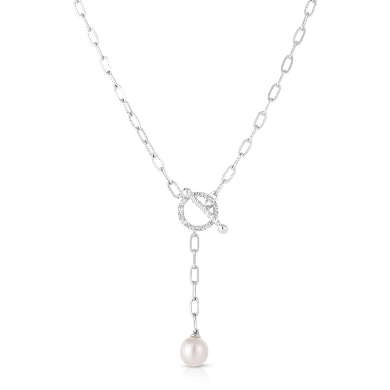 Pearl and Diamond Long Link Lariat, 14K White Gold- URBAETIS Fine Jewelry