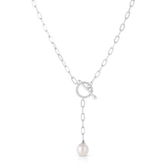 Pearl and Diamond Long Link Lariat, 14K White Gold- URBAETIS Fine Jewelry