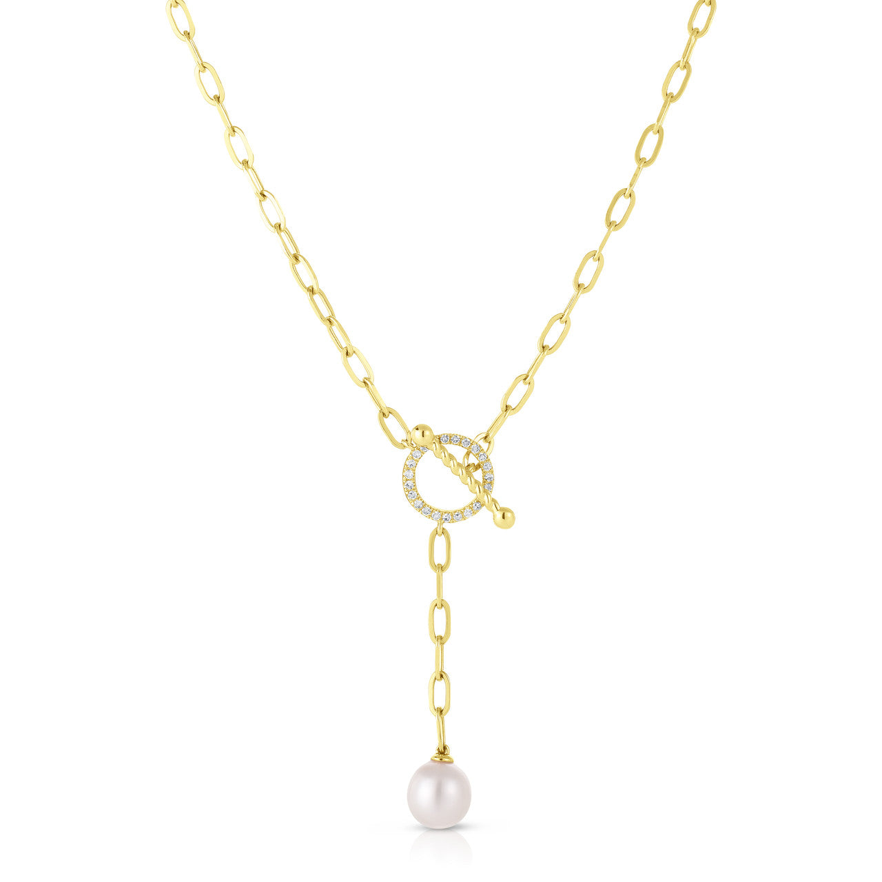 Pearl and Diamond Long Link Lariat, 14K Yellow Gold- URBAETIS Fine Jewelry