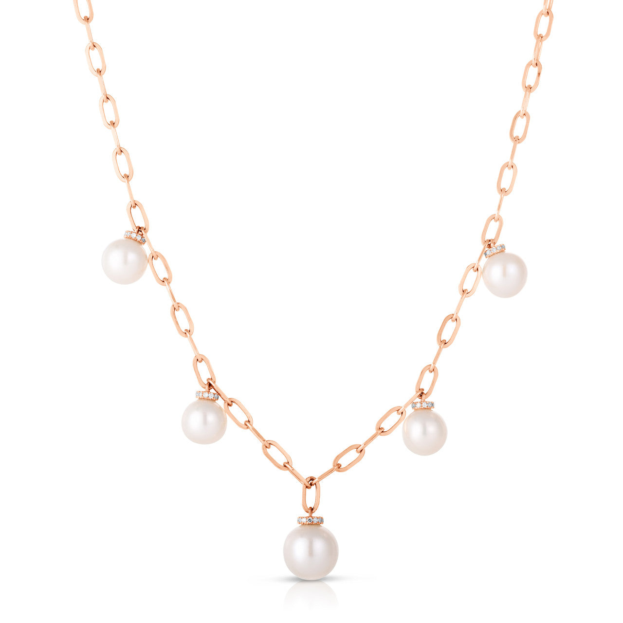 Pearl and Diamond Drop Long Link Necklace, 14K Rose Gold- URBAETIS Fine Jewelry