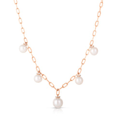 Pearl and Diamond Drop Long Link Necklace, 14K Rose Gold- URBAETIS Fine Jewelry