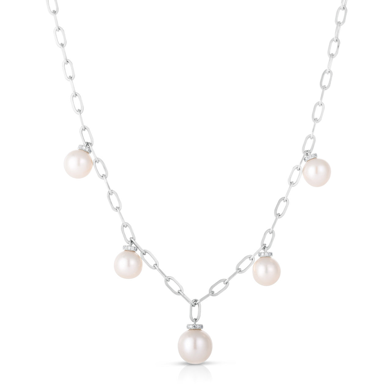 Pearl and Diamond Drop Long Link Necklace, 14K White Gold- URBAETIS Fine Jewelry