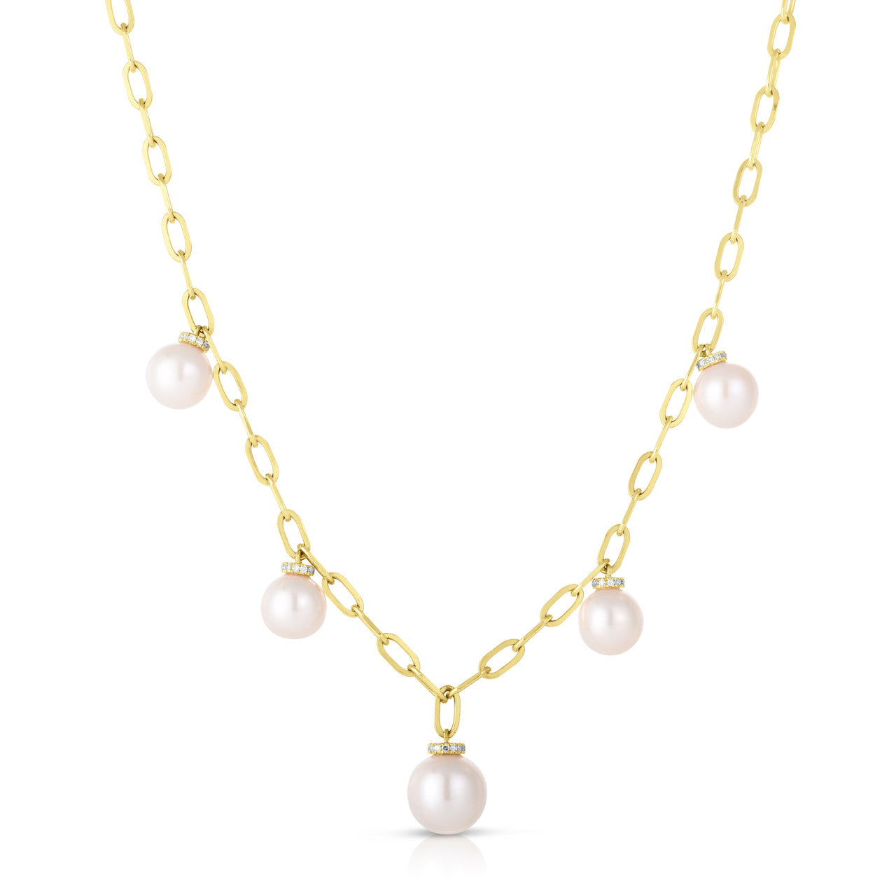 Pearl and Diamond Drop Long Link Necklace, 14K Yellow Gold- URBAETIS Fine Jewelry