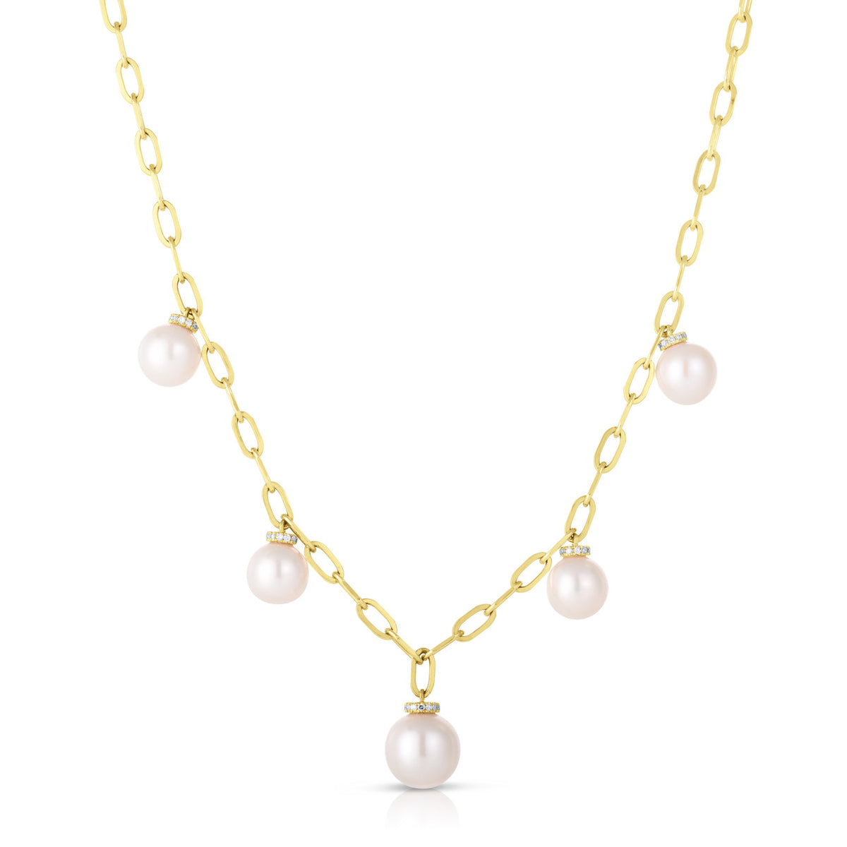 Pearl and Diamond Drop Long Link Necklace, 14K Yellow Gold- URBAETIS Fine Jewelry