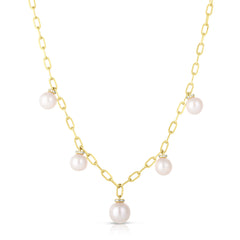 Pearl and Diamond Drop Long Link Necklace, 14K Yellow Gold- URBAETIS Fine Jewelry