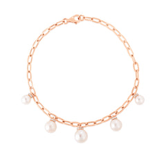 Pearl and Diamond Drop Long Link Bracelet, 14K Rose Gold- URBAETIS Fine Jewelry