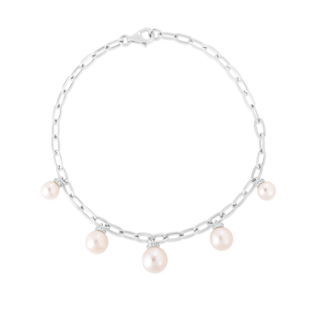 Pearl and Diamond Drop Long Link Bracelet, 14K White Gold- URBAETIS Fine Jewelry