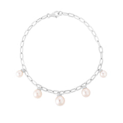 Pearl and Diamond Drop Long Link Bracelet, 14K White Gold- URBAETIS Fine Jewelry