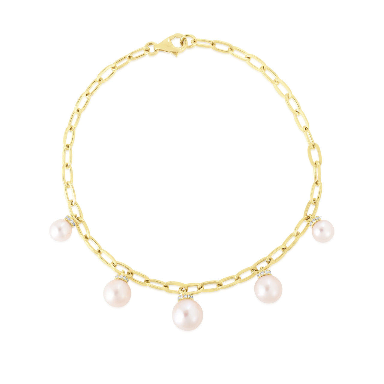 Pearl and Diamond Charm Chain Bracelet, 14K Yellow Gold- URBAETIS Fine Jewelry
