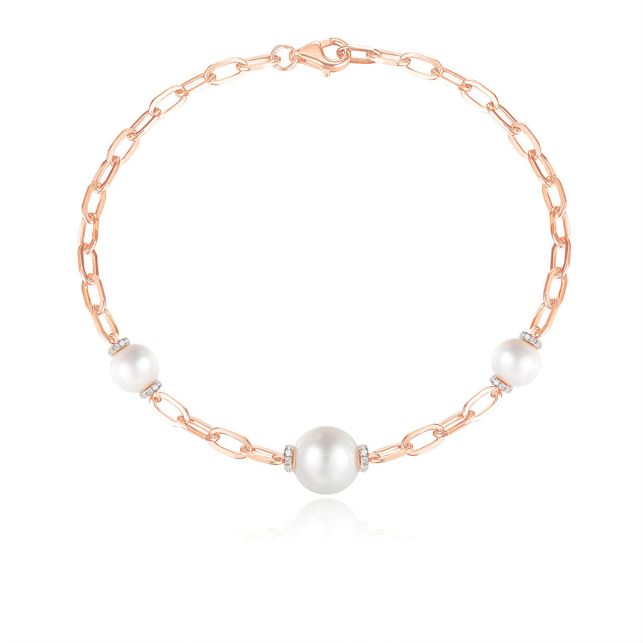 Graduated Pearl and Diamond Long Link Bracelet, 14K Rose Gold- URBAETIS Fine Jewelry