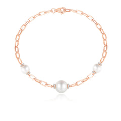 Graduated Pearl and Diamond Long Link Bracelet, 14K Rose Gold- URBAETIS Fine Jewelry