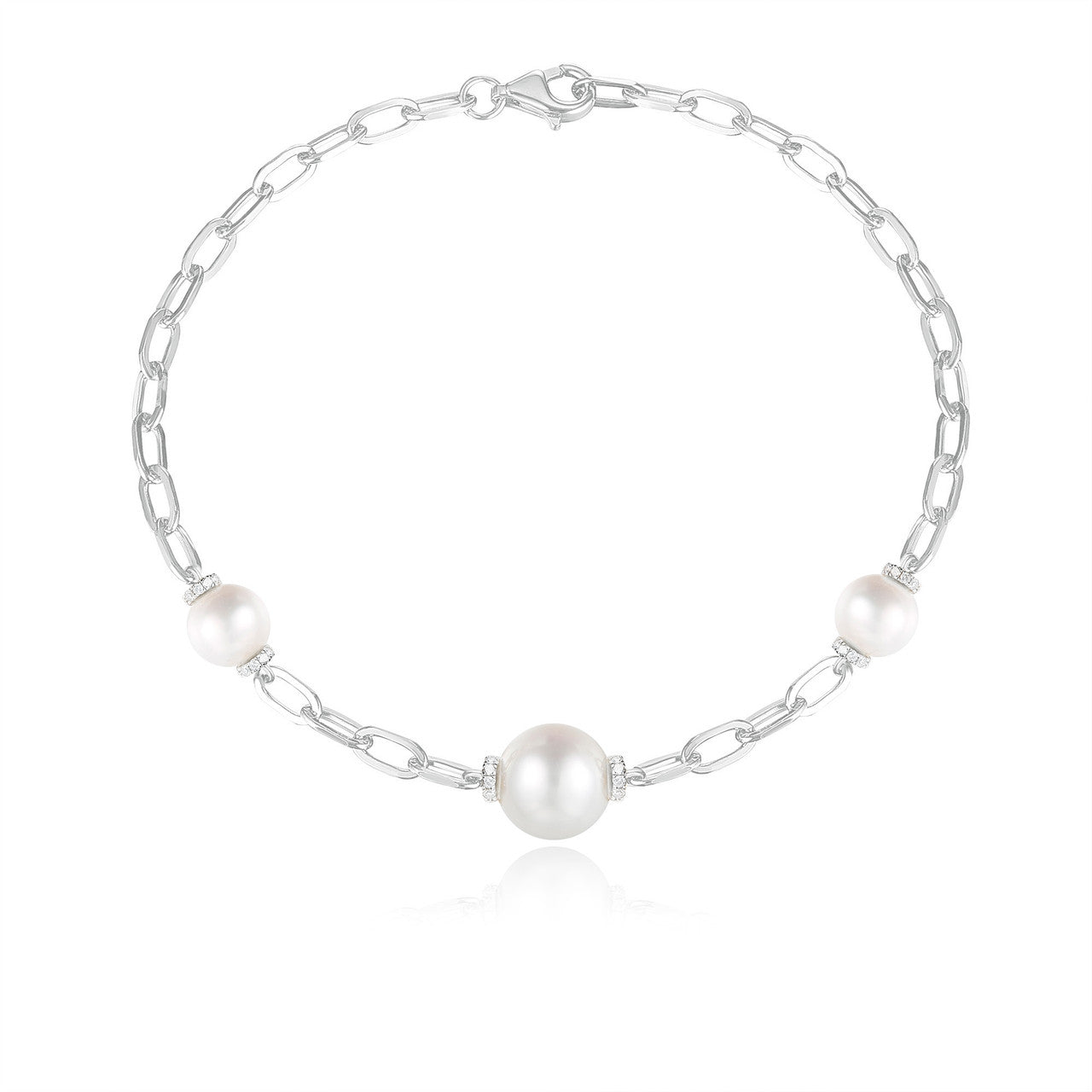 Graduated Pearl and Diamond Long Link Bracelet, 14K White Gold- URBAETIS Fine Jewelry