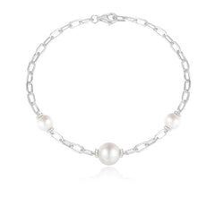 Graduated Pearl and Diamond Long Link Bracelet, 14K White Gold- URBAETIS Fine Jewelry