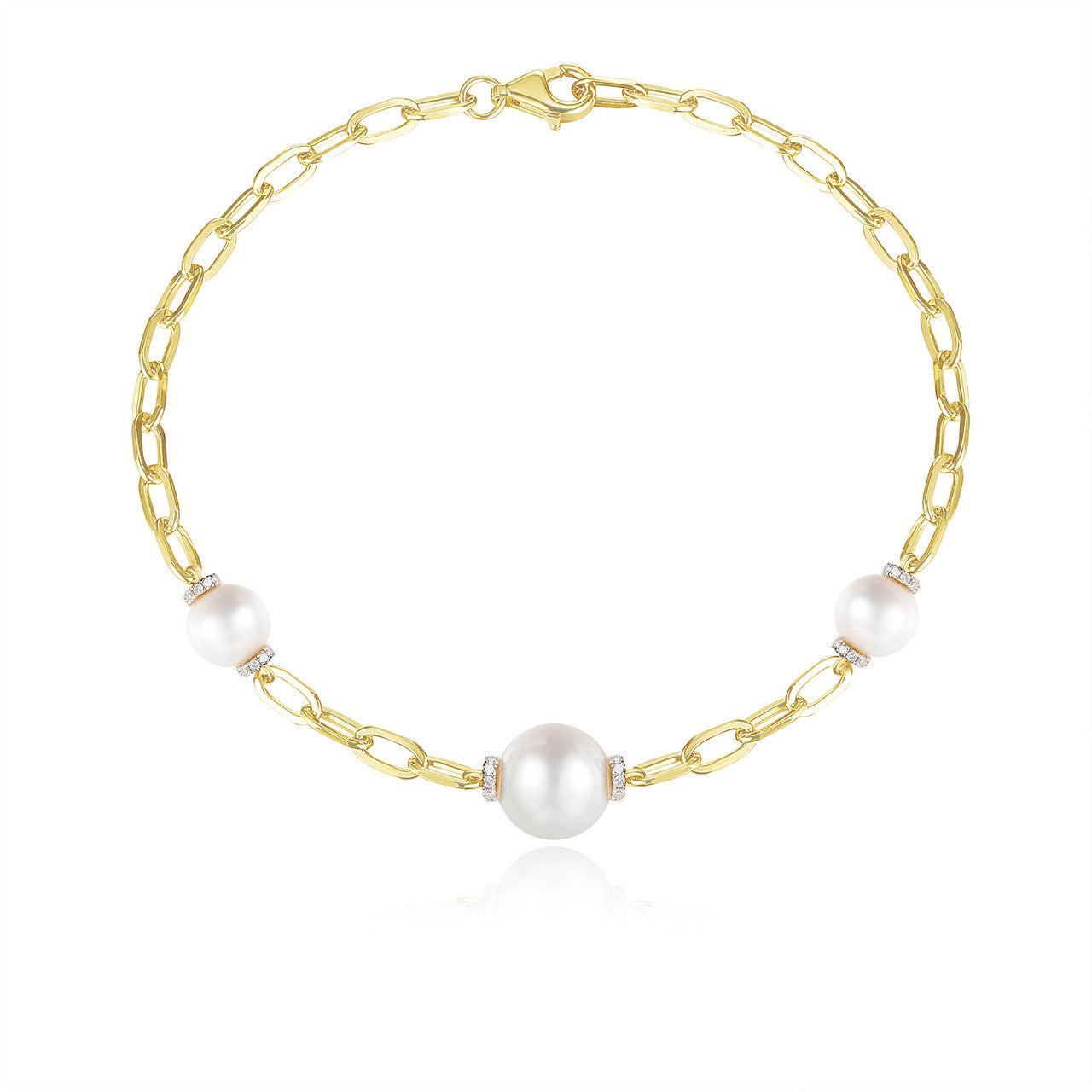 Graduated Pearl and Diamond Long Link Bracelet, 14K Yellow Gold- URBAETIS Fine Jewelry