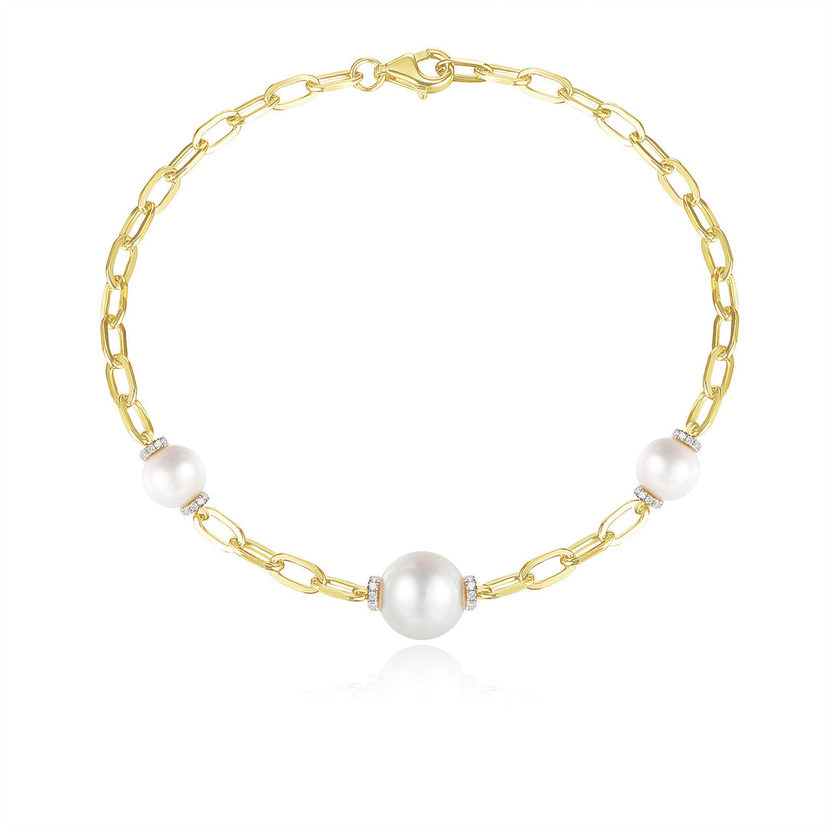 Graduated Pearl and Diamond Long Link Bracelet, 14K Yellow Gold- URBAETIS Fine Jewelry
