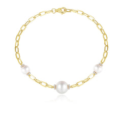 Graduated Pearl and Diamond Long Link Bracelet, 14K Yellow Gold- URBAETIS Fine Jewelry