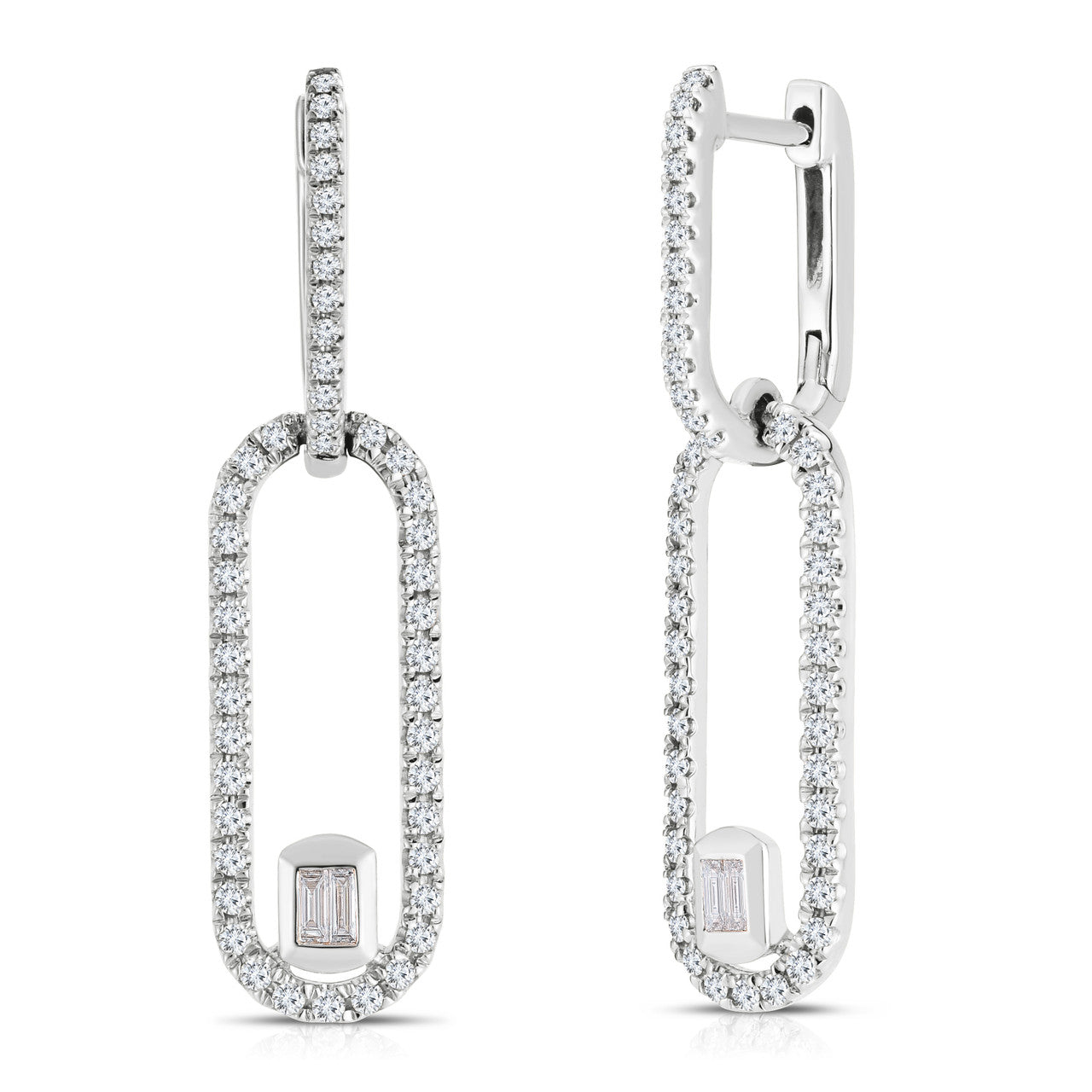 Long Link Diamond Drop Earrings with Baguettes, 14K White Gold- URBAETIS Fine Jewelry