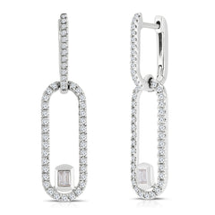 Long Link Diamond Drop Earrings with Baguettes, 14K White Gold- URBAETIS Fine Jewelry