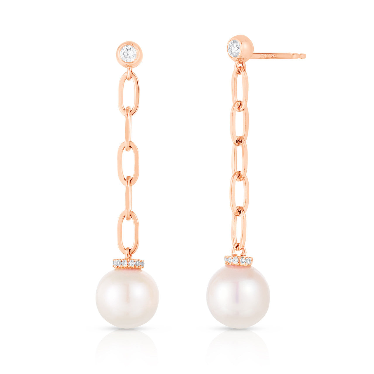 Diamond and Pearl Long Link Drop Earrings, 14K Rose Gold- URBAETIS Fine Jewelry