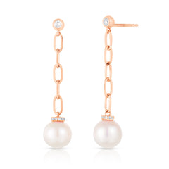 Diamond and Pearl Long Link Drop Earrings, 14K Rose Gold- URBAETIS Fine Jewelry