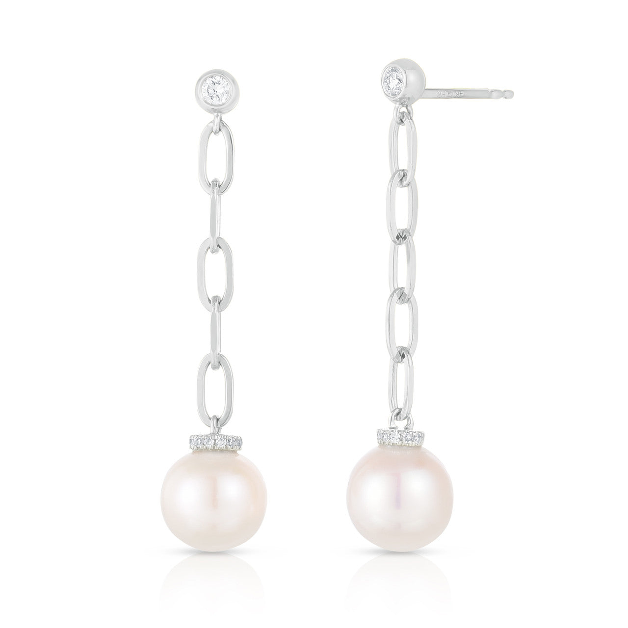 Diamond and Pearl Long Link Drop Earrings, 14K White Gold- URBAETIS Fine Jewelry