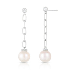 Diamond and Pearl Long Link Drop Earrings, 14K White Gold- URBAETIS Fine Jewelry